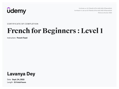 Completed level 1:french for beginners course on Udemy. | Lavanya Dey