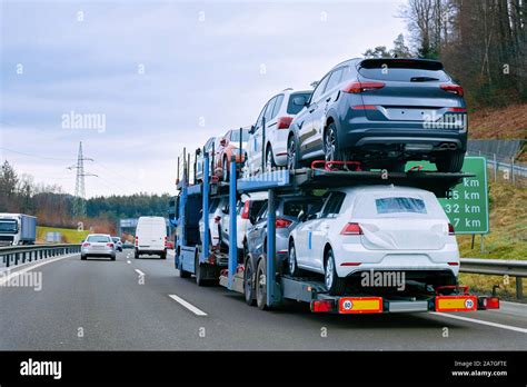 Car carrier transporter truck on road European transport Stock Photo ...