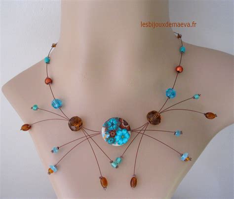 Collier fantaisie comète turquoise et marron Bruges