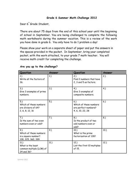 Grade 6 Summer Math Challenge 2012 Dear 6th Grade Student ...
