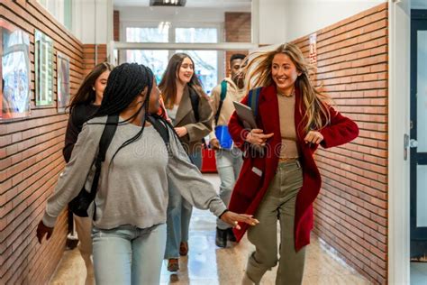 Happy Students Running University Hallway Class Stock Photos - Free ...