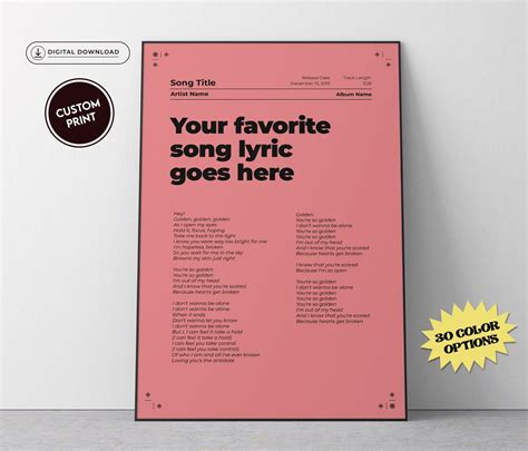 Digital Song Lyrics Poster, Printable Lyric Poster, Song Lyric Wall Art ...