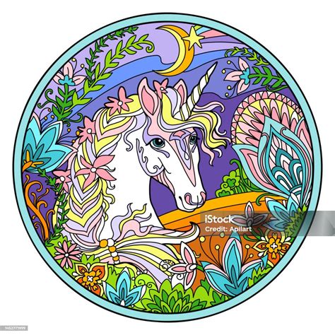 Licorne En Fleurs Couleur Ronde Illustration Vectorielle Vecteurs ...