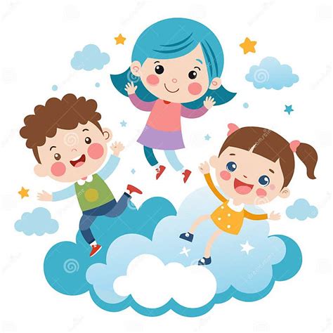 Three Happy Kids Jumping on a Cloud with Stars Stock Vector ...