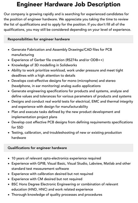 Engineer Hardware Job Description | Velvet Jobs