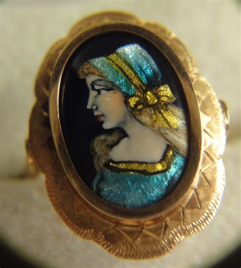 lIMOGES Enamel ring; Elegant girl on cobalt blue background ...