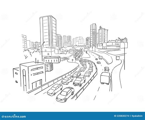 Street, Road View. City Sketch. Traffic Jam. Highway, Transport ...