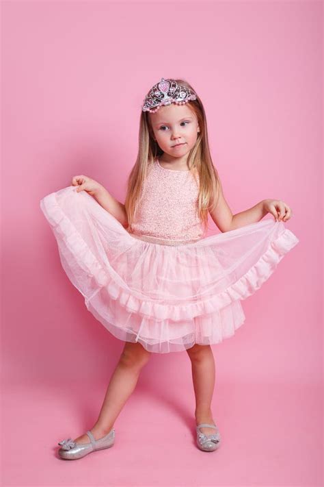 Cute Sweet Little Princess Wearing Pink Dress Hugging Present Boxex and ...