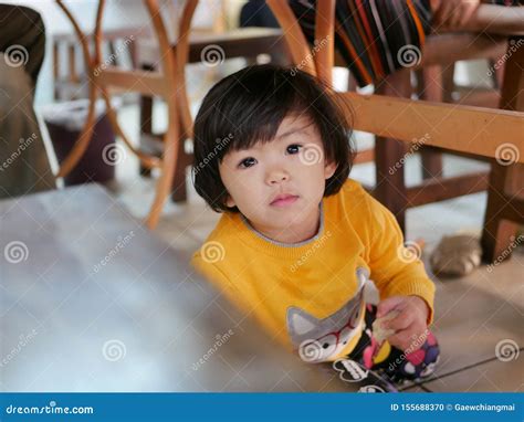 Little Asian Baby Girl Sitting and Playing / Exploring Under a Dinning ...
