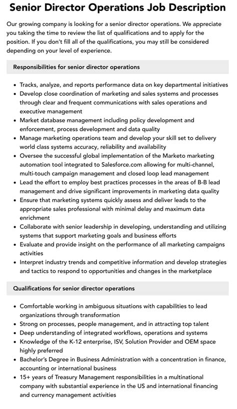 Senior Director Operations Job Description | Velvet Jobs