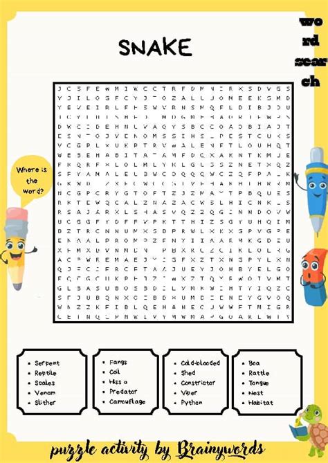 Snake word search puzzle worksheet activity by BrainyWords BrainyWords