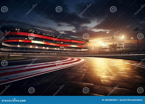 Curved Asphalt Racing Track and Illuminated Race Sport at Stadium ...