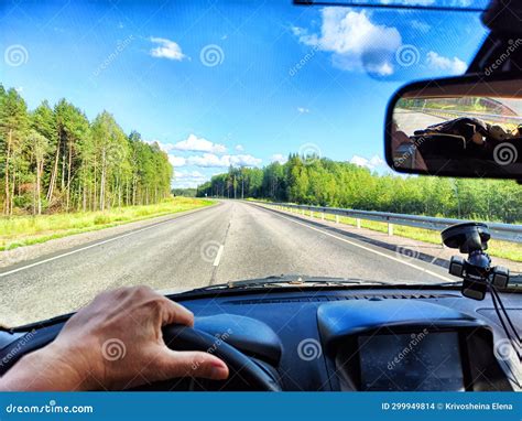 Car Salon, Steering Wheel, Hand of Woman and View on Nature Landscape ...