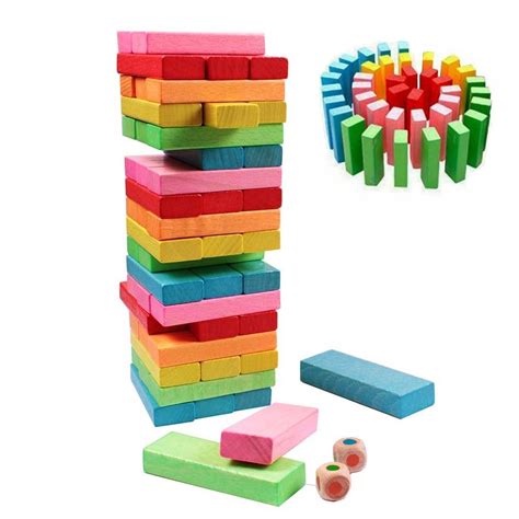 Kids Wooden Block Tower Game Children Colourful 54Pcs Stacking Building ...