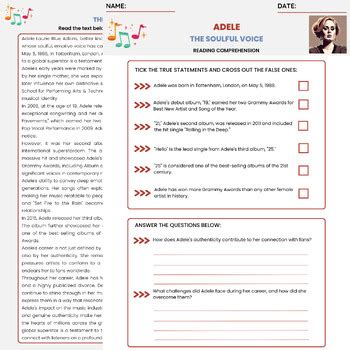 Adele Biography Reading Comprehension | Pop Soul Music Mezzo Soprano Vocals