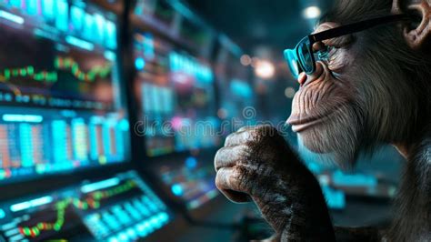 Photorealistic Image of a Monkey Wearing Glasses Analyzing Stock Market ...