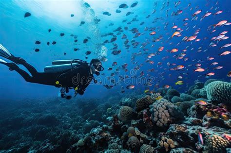 Scuba Diver Exploring the Underwater World, Surrounded by Schools of ...