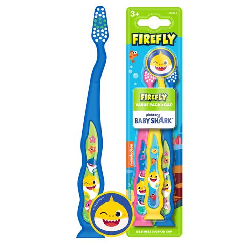 Firefly Baby Shark Toothbrushes with Suction Cup, Toothbrush Cap, Ages ...