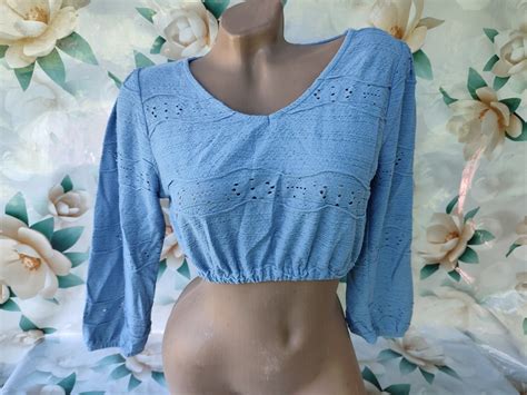 Haut bleu/Crop Top bleu coton vintage des années 90 à manches longues à ...
