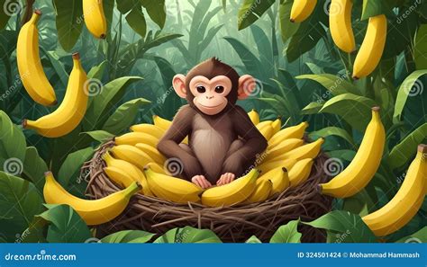 A Happy Monkey Surrounded by Bananas: a Cute Cartoon Illustration Stock ...