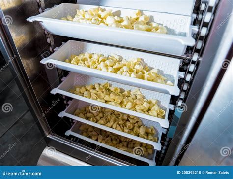 Conveyor Line for Packing Snacks and Chips in a Modern Factory Stock ...