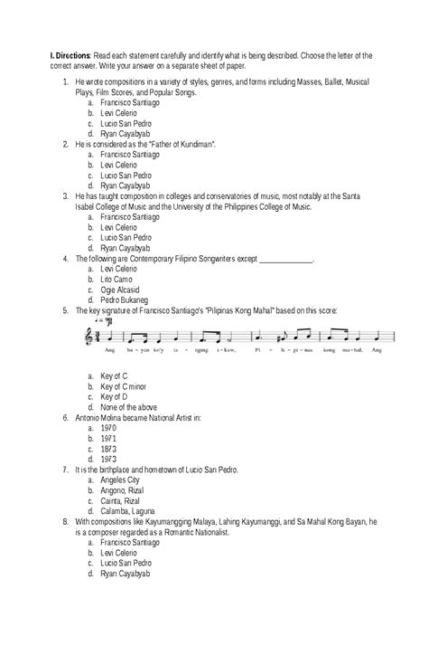 Music test 1 - PRACTICE MATERIALS ONLY - I. Directions: Read each ...