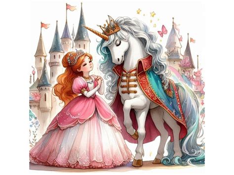 White Unicorn and Princess Watercolor Ha Graphic by LINEART3 · Creative ...