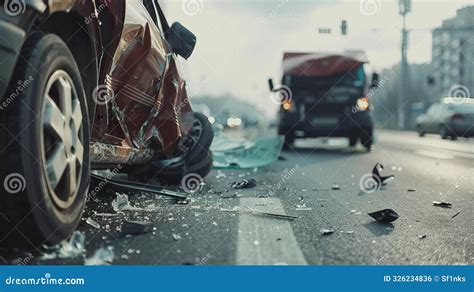 Damaged Car and Shattered Glass on Road after Accident. Stock Photo ...