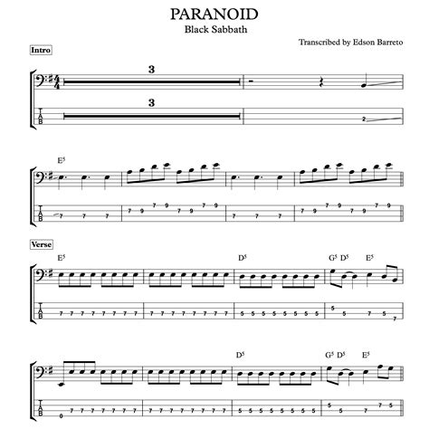 PARANOID (Black Sabbath) Bass Transcription, Score & Tab Lesson