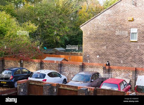 Cars parked in a private off road parking area in a residential ...