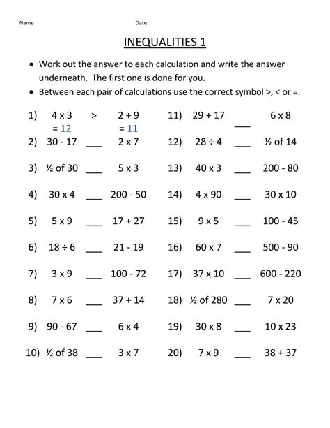 printable worksheet for addition and subtraction inequities 1