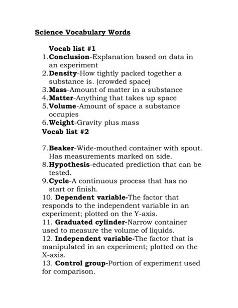 Science Vocabulary List: Definitions & Terms