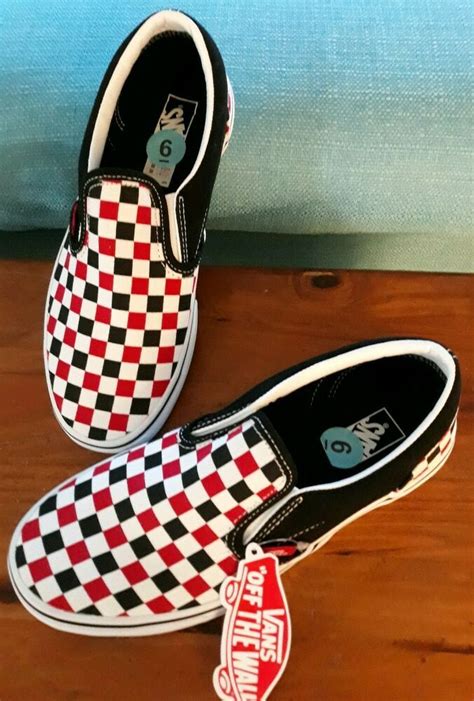 New Vans Checkered Slip Ons Skate Shoes Youth 6 Women 8 Black White Red ...