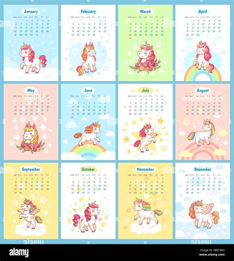 Sweet cute magic unicorn 2019 calendar for kids. Fairy unicorns with ...