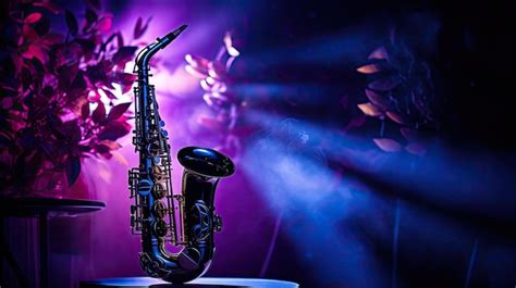 A photo of a saxophone in a dimly lit jazz club with moody blues and ...