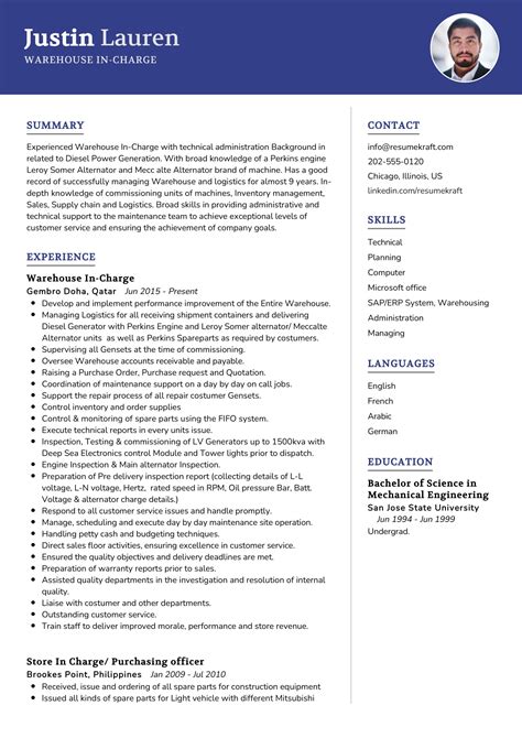 Warehouse In-Charge Resume Example in 2025 - ResumeKraft