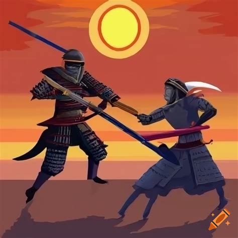 Artistic depiction of a knight and samurai battling at sunset on Craiyon