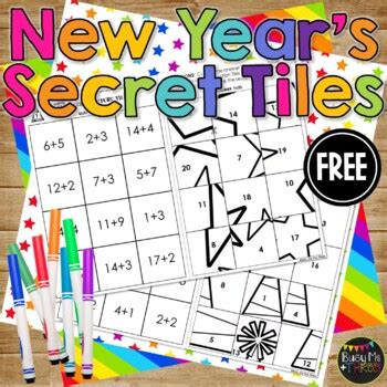 New Years 2023 Secret Picture Tiles Puzzle Printables with Addition