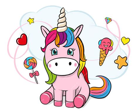 Licornes Dessin Animé Mignon Vecteur Crème Glacée Coeur Bonbons Nuage ...