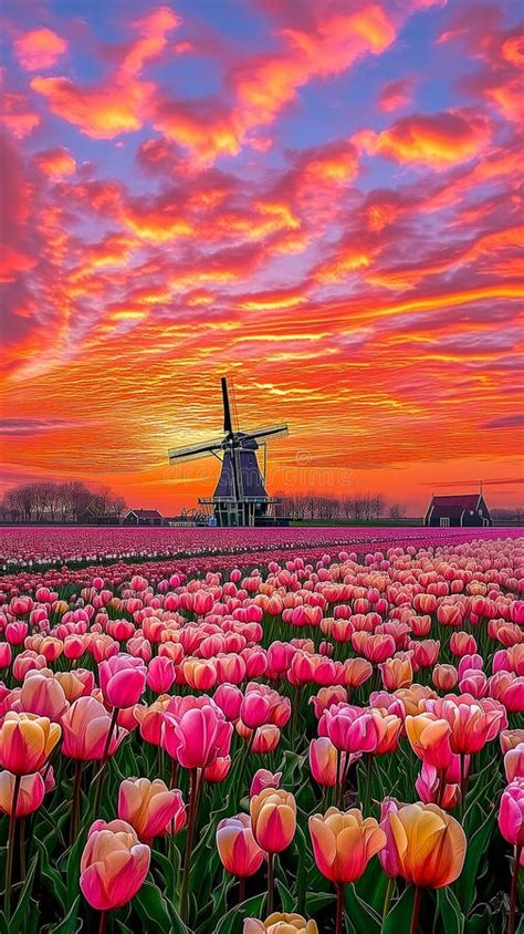 Sunset Serenity: a Vibrant Tulip Field Jigsaw Puzzle of Forbidde Stock ...