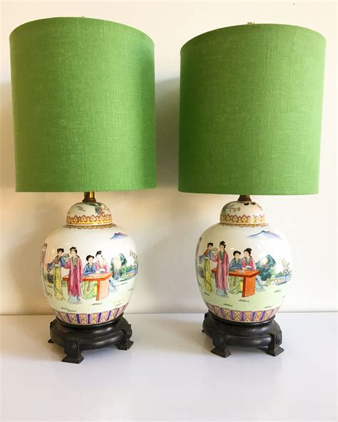 Vintage chinoiserie style ginger jar Lamps with green linen shades ...