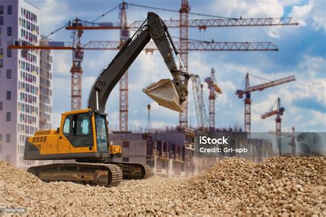 Excavator At Construction Site Preparation For Construction Of ...