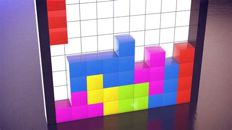 Construction of 3d tetris cubes on a white grid background. Retro game ...