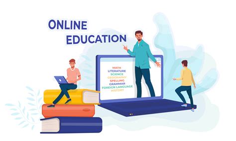 Online education concept. Online school. Student on the giant pile of ...
