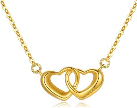 SISGEM 18k Gold Double Heart Necklace for Women, Engraved Love Fine ...