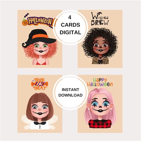 PRINTABLE Happy Halloween Girls Cards Set of 4 Halloween - Etsy