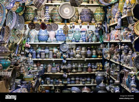 Moroccan shop with handmade ceramic souvenirs, vases, plates and other ...