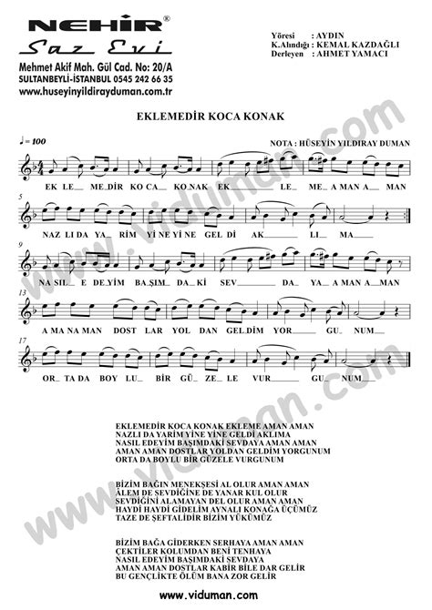 Eklemedir Koca Konak – Bağlama-Saz Türkü Notaları – Müzik Aletleri ...