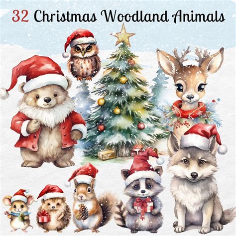 Christmas Woodland Baby Animals Watercolor Clipart Cute Christmas Png ...