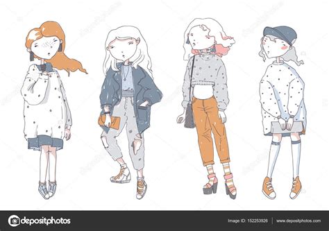 Hipster jolies filles en vêtements décontractés, dessiné à la main ...